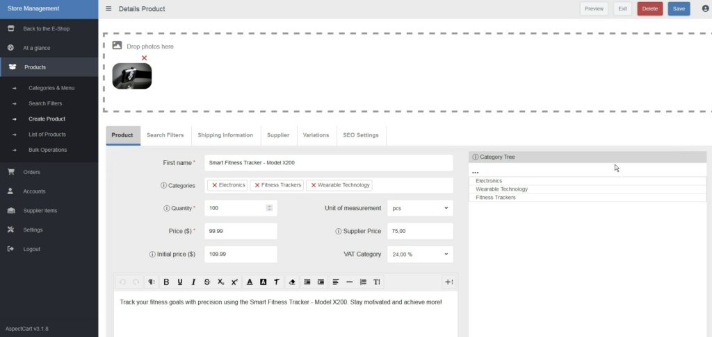 The efficient back-end product entry interface of AspectCart, featuring intuitive fields for streamlined inventory management and SEO optimization.